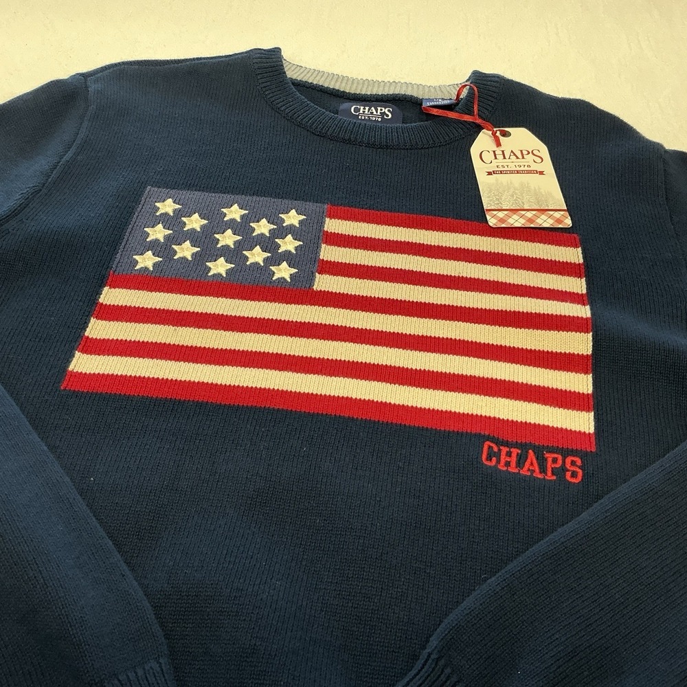 Chaps Men's Navy Knit Cotton Pullover Sweater Crew Neck USA Flag Logo Size L - Picture 2 of 5